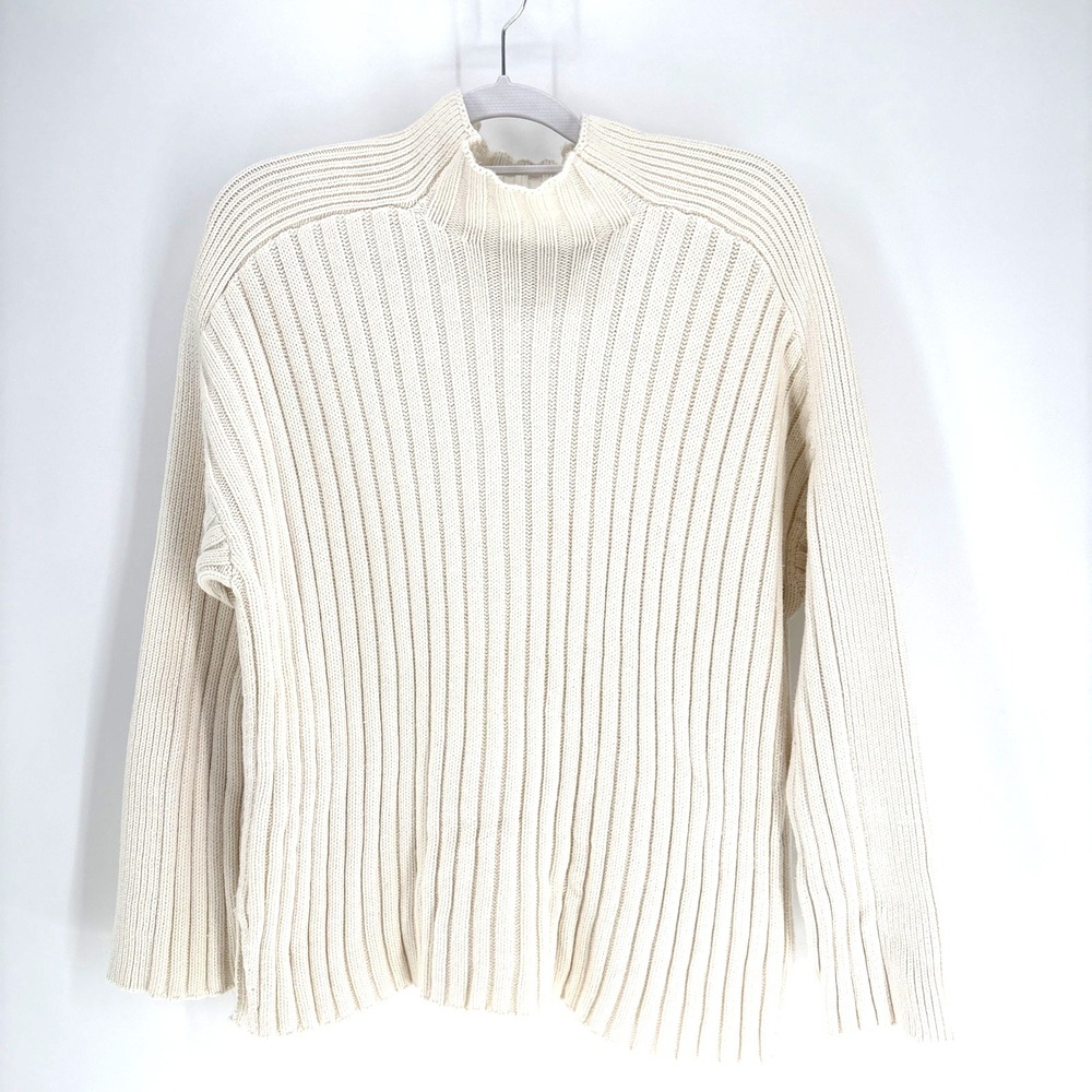 Abercrombie Sweater XL Off White Oversized Rib Knit Mock Collar Slit Hem Chunky